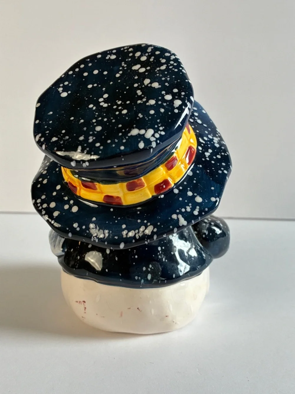 Ceramic Snowman Canister  Figurine with Navy Hat and Green Mittens